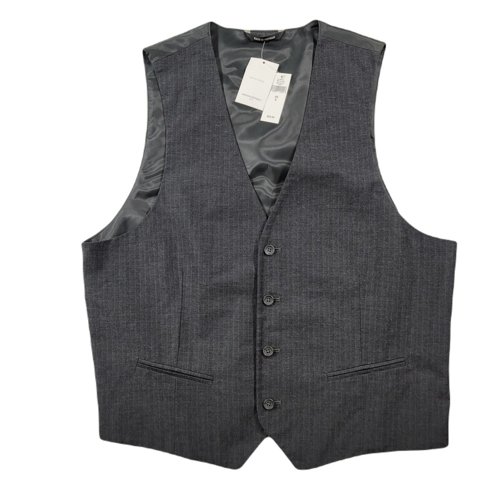 Banana Republic Suit Vest Mens 44R Large Grey Stripe Cotton NEW